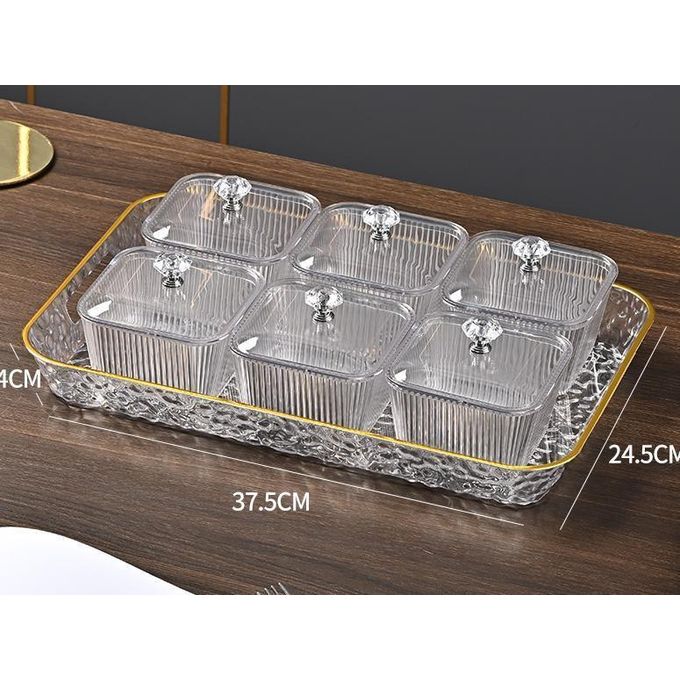 1 Serving Tray 6 Bowls with Lid Fruit Plate Serving Dishes 6 Removable Serving Bowl Appetizer Condiment Server for Dessert Snacks Chips Kitchen Relish Tray Platters - Clear