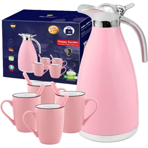 2.1Quart Vacuum Flask 12Oz Ceramic Mug Set, 9pcs Colored Stainless Steel Double Layer Insulated Thermal carafe Coffee Bottle With 4 Mugs Tea Spoons And Cups