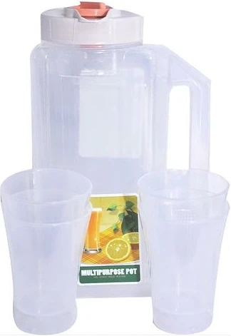 Plastic Water Fridge Bottle with 4 Glass, 1.5L - Orange, White