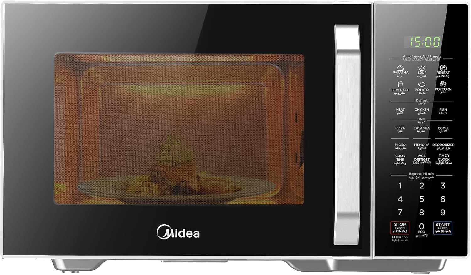 Midea 30L 2-in-1 Microwave Oven with Grill, Digital Touch Control, Child-Safety-Lock, 11 Pre-programmed Menus, LED Display, Grilling Roasting & Cooking Functions, Full Glass Finish - EG9P032MX
