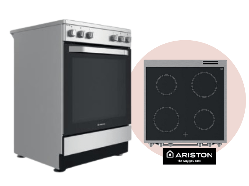ARISTON Ceramic Cooker 60x60cm AS68V8KHX;  4 Electric Vitroceramic Plates, Electric Oven, Oven Fan, Storage drawer - Inox