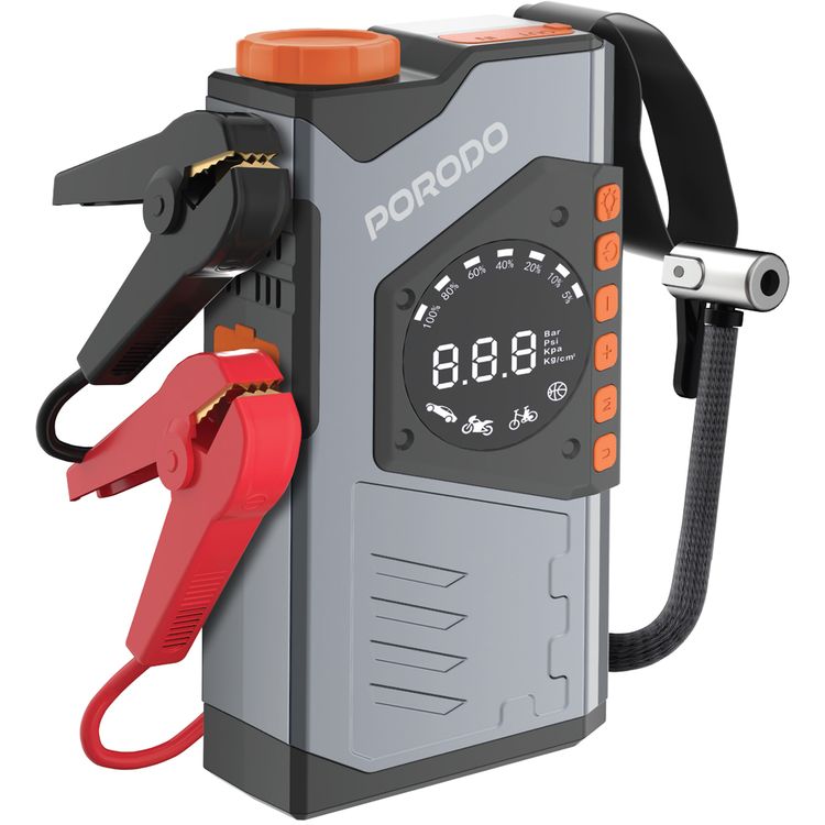 Porodo Volt Boost 3-in-1 Jump Starter with 10000mAh Compact Utility Tool, Air Inflator, Power Bank, Flashlight, ABS & PC Material, 2 Hours Charging Time, 6L Gasoline Engine, 8L Diesel Engine, 1200A Pe