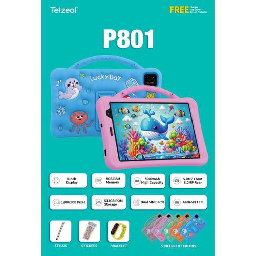 Telzeal P801 Tablet 8 Inch Display 1280*800 Pixel High Definition Android 13.0 Kids Leaning Childrens Tablet PC 8GB RAM Memory 512GB ROM Storage LCD Dual Camera 5000mAh High Capacity 5.0MP Front 8.0MP