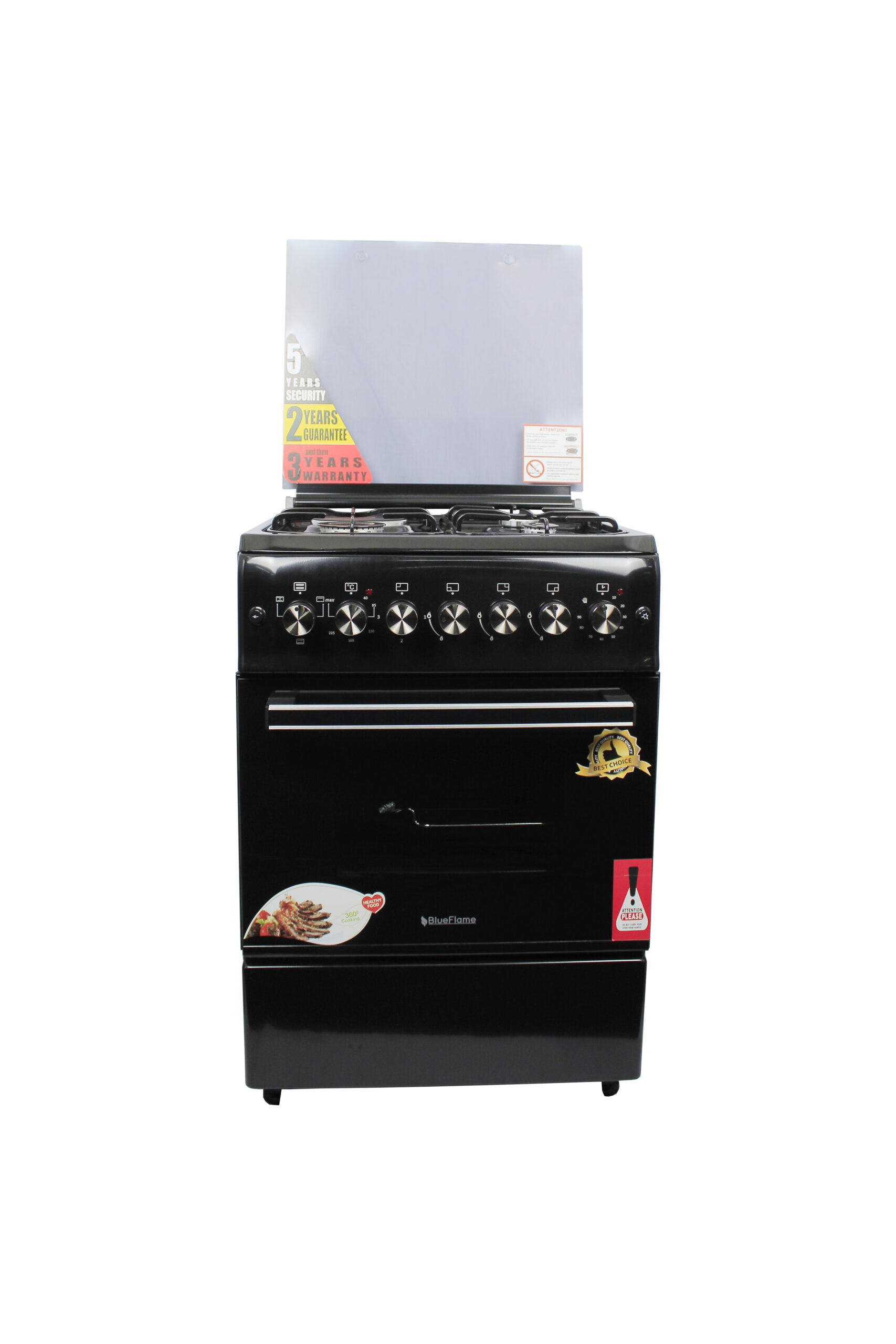 BlueFlame Cooker 60x60cm, 2 Gas Burners And 2 Electric Plates; S6031EFRP With Electric Oven & Grill, Auto Ignition, Rotisserie, Oven Lamp - Black
