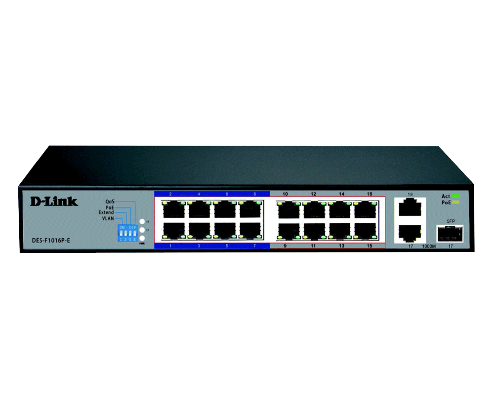 D-Link  DES-F1016P-E 16-Port 10/100 Unmanaged Long Range PoE+ Surveillance Switch, Eco-friendly and Economical, Flexible Connectivity