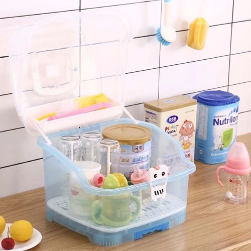 Portable Baby Bottle Drying Rack Storage Box With Anti-dust Cover, Blue