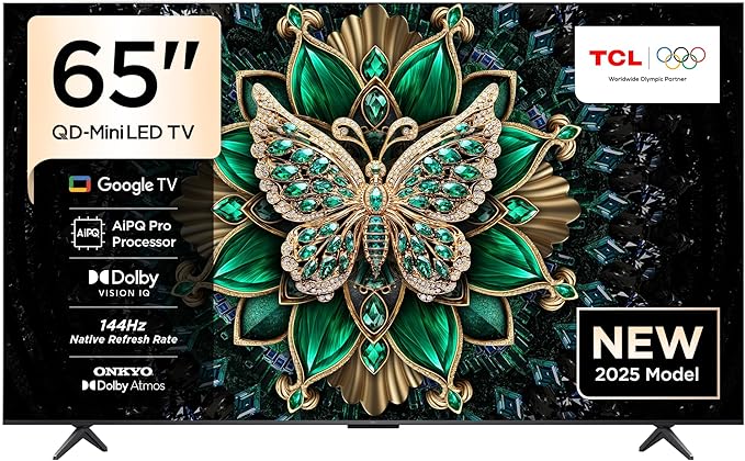 TCL 65C6K Television 65 Inch Smart TV 4K QD-Mini LED Colorful Quantum Crystal HDR 10+ Gaming Google TV, 144Hz Native Refresh Rate, ONKYO 2.1 Hi-Fi, Dolby Atmos, AI Mode, Game Master (2025 Model)