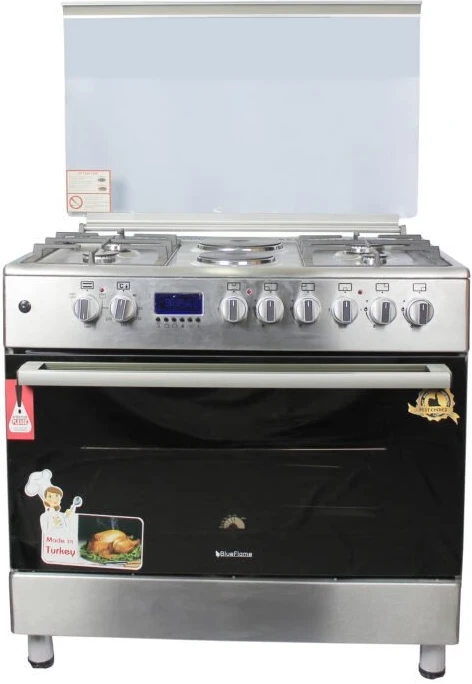 Blueflame Cooker 90x60cm 4-Gas Burners, 2-Electric Plates 9042ERF; Auto Ignition, Grill, Electric Oven, Rotisserie - INOX - Silver