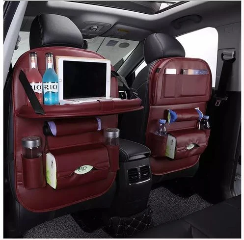2-Pack Leather Car Backseat Organizer with Foldable Table Tray, Babies Toys Storage Holder, Maroon