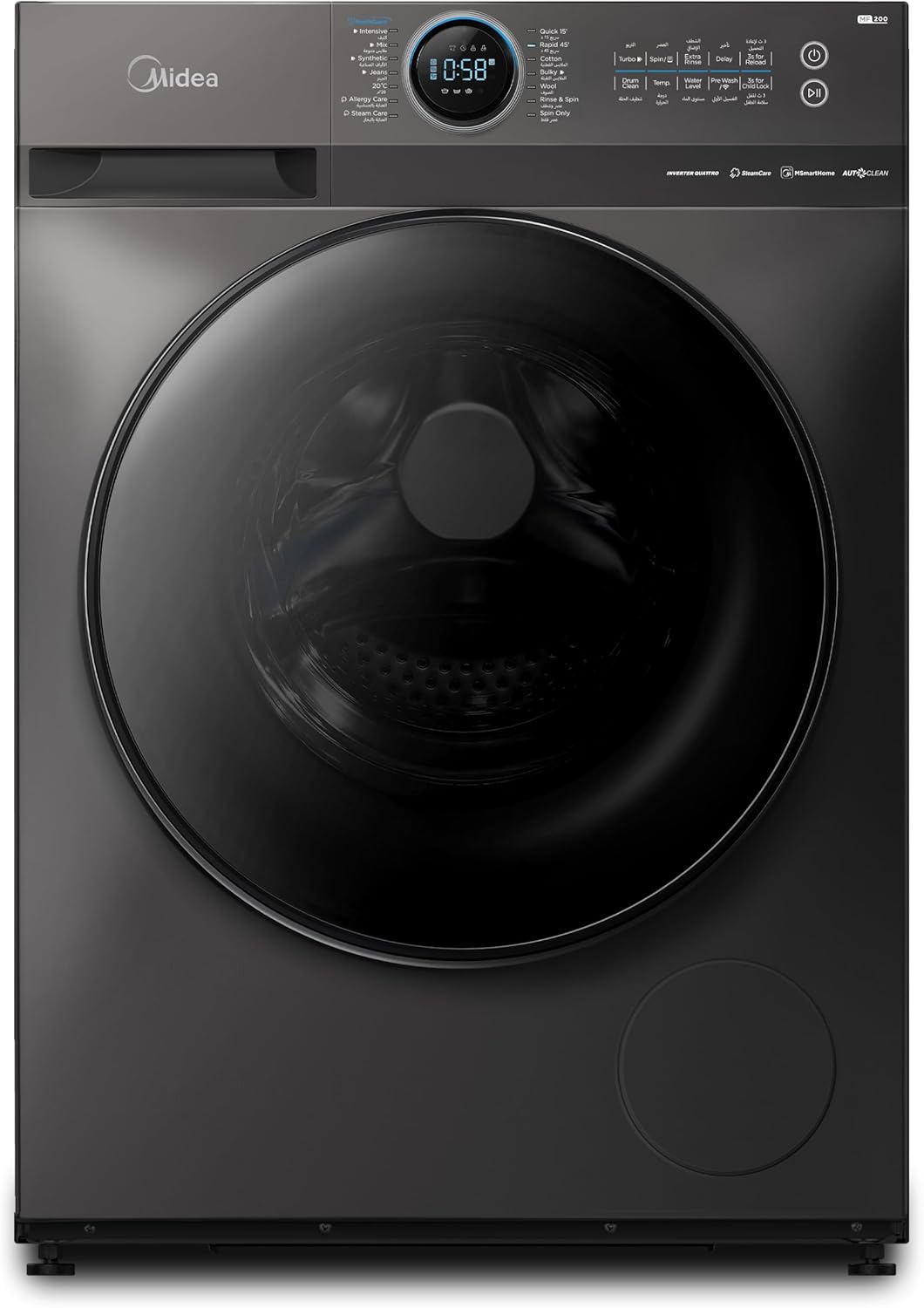 Midea 10KG Front Load Smart Washing Machine with Lunar Dial, 1400 RPM, 14 Programs, Fully Automatic Washer, Digital LED Display, BLDC Inverter, Steam Care, Wi-Fi Connectivity, Titanium MF200W100WBTGCC