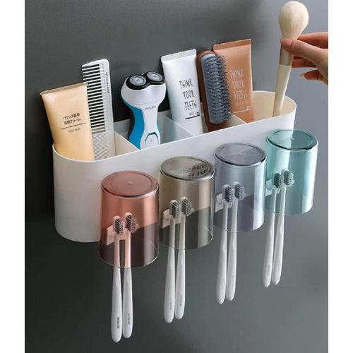 Toothbrush Stand, Toothpaste Dispenser, Toothpaste, 4 Cups, Lavatory Design, Storage, B, No Drilling Required, Large Capacity, Cup Included, For Families, White, Green, Scandinavian Style, Cup Stand, 
