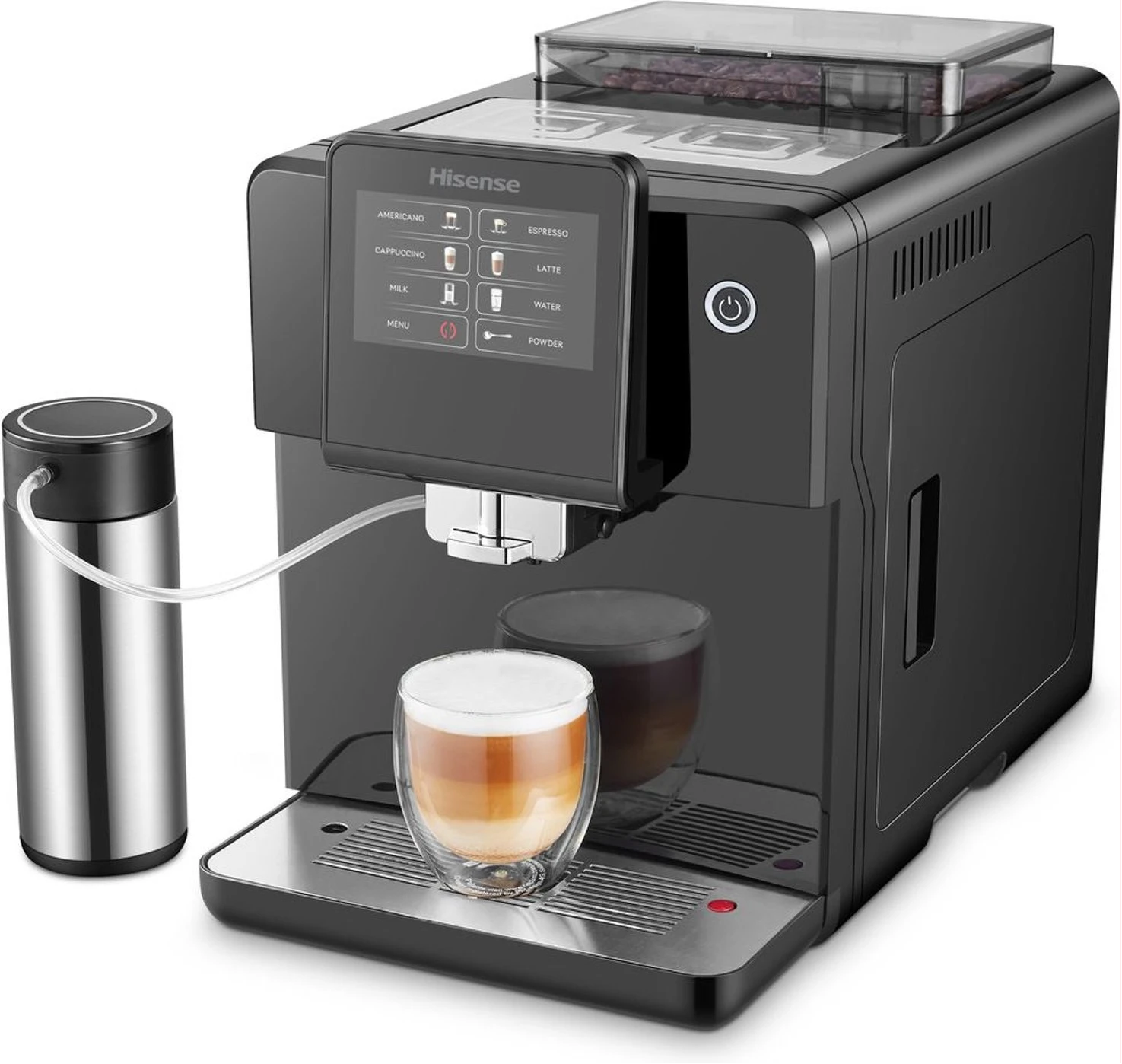 Hisense Commercial Coffee Maker Machine, Espresso, Americano, Latte, Cappuccino, Milk, Fully Automatic HAUCMBK1S5, Standby Power 2W, Bean Container Capacity 250g, Black