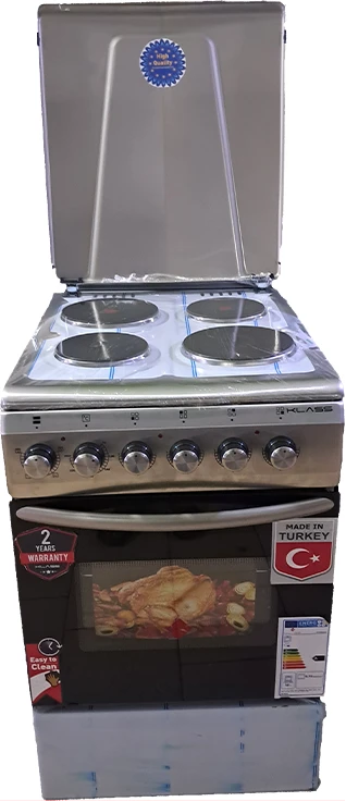 KLASS Full Electric Cooker 50x60cm, 4 Electric Plates, Electric Oven & Grill, Rotisserie, Oven Lamp & Timer, 4TTE-5604HP - Inox