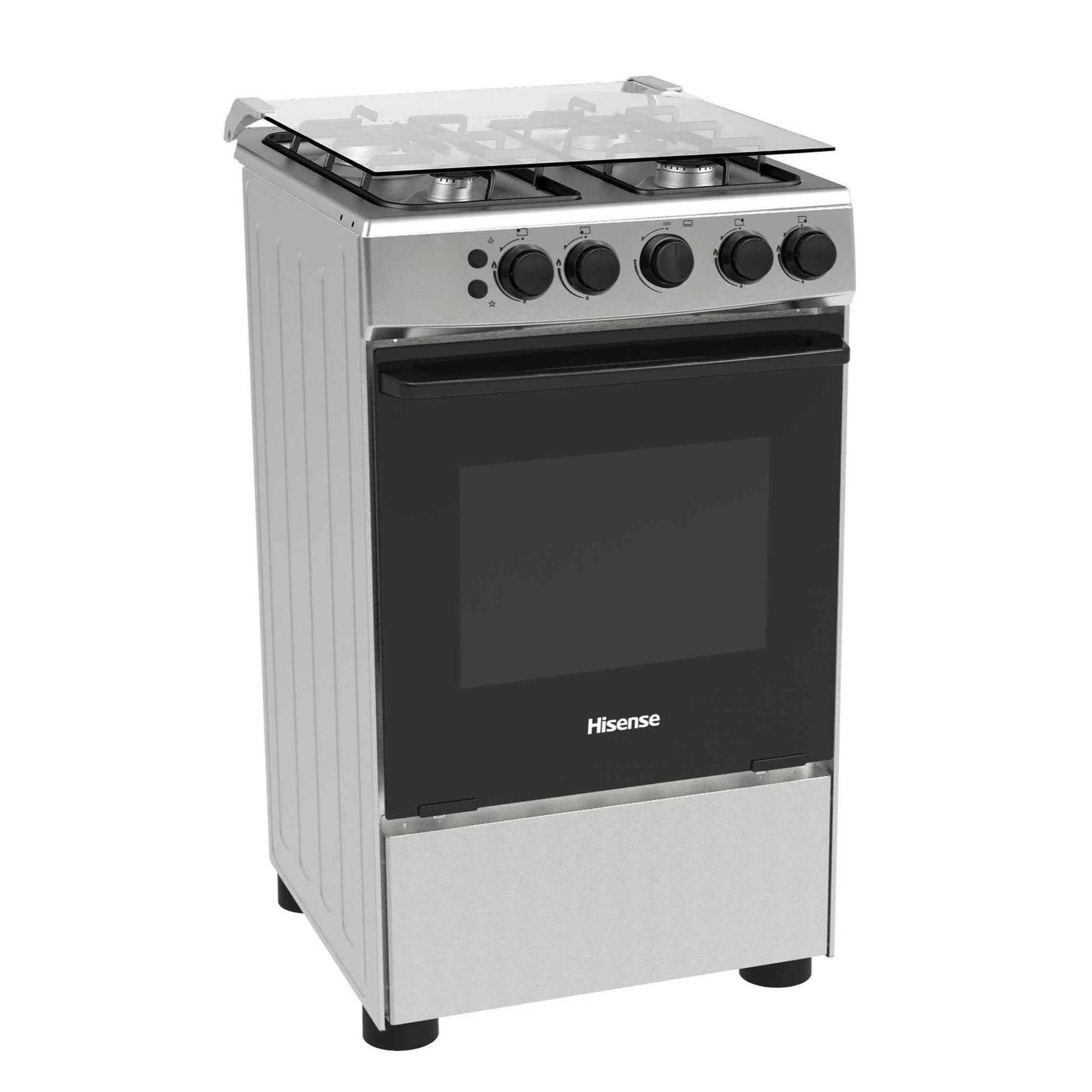 Hisense 50cm 4 Burners Full Gas Cooker with Gas Oven, Auto Ignition – Silver (HFG50111X) (3YRs WRTY)