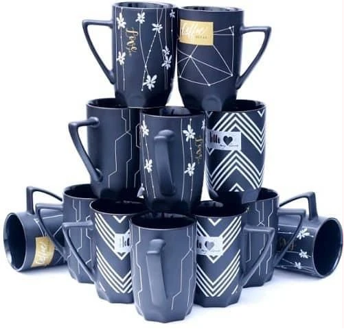 12 Pieces Of Multi-print Coffee Tea Cups Drinking Mugs- Black