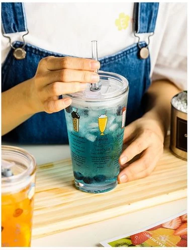 450ML Reusable Smoothie Cup, Glass Shake Tumbler With Plastic Lid- Colorles