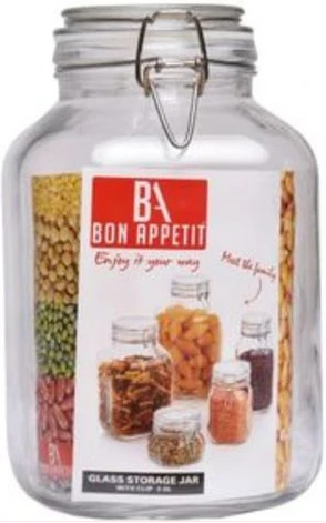 2Litre Glass Clip Jar, Cereal Food Cookie Storage Tin, Colourless