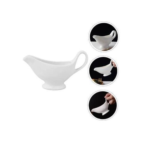 6 Piece Of 100ml Milk Jugs Saucer Porcelain Ceramic Gravy Sauce Boats Stand With Handles White Juice Cup, Black Pepper Tomato Steak Sauce Bucket Dishes