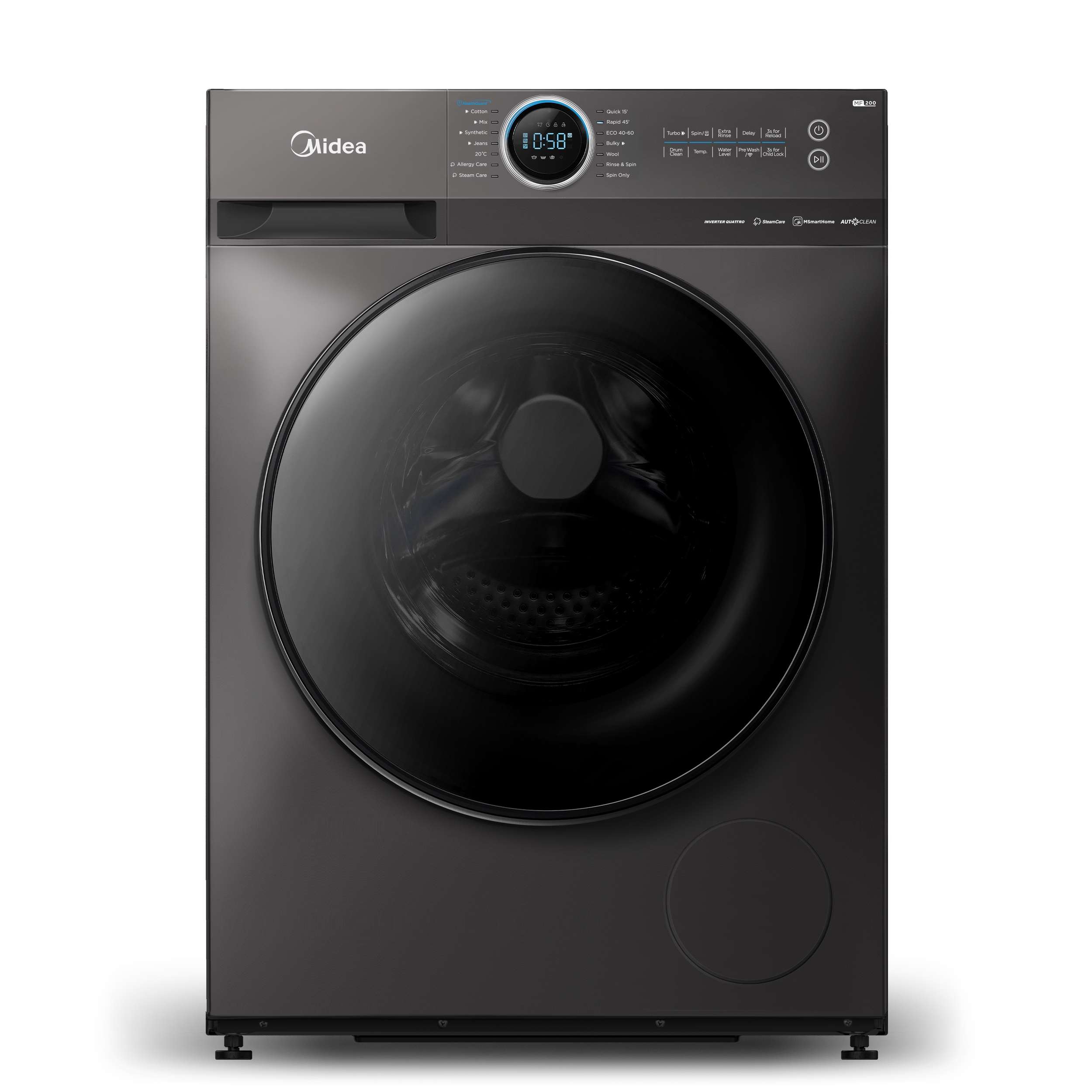 Midea 8KG Front Load Smart Washing Machine with Lunar Dial, 1400 RPM, 14 Programs, Fully Automatic Washer, Digital LED Display, BLDC Inverter, Steam Care, Wi-Fi Connectivity, Titanium MF200W80WBTGCC