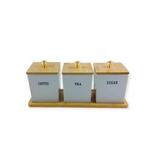 3 Piece Square Airtight Jars Porcelain Canisters with Airtight Bamboo Lid And Tray For Coffee, Sugar, Tea Salt Storage Tin Boxes