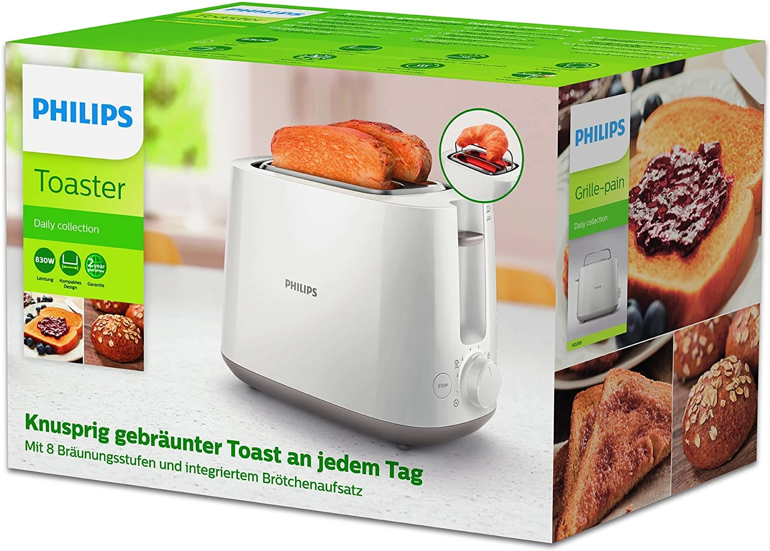 Philips Daily Collection Bread Toaster HD2581, 8 Settings, Adjustable Browning, 830W