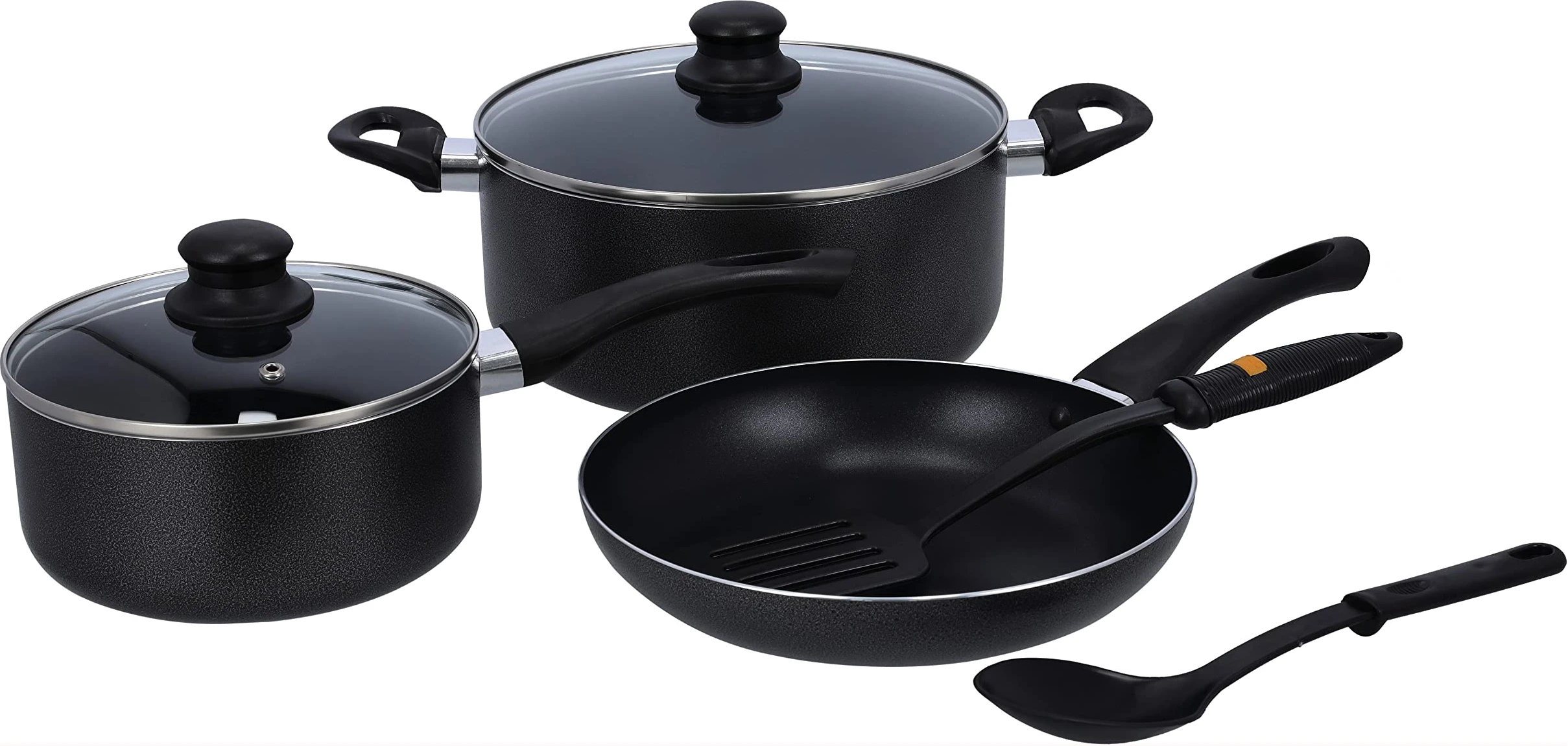 Royalford 7 Pieces Aluminium Cookware Set, Black, Rf8948, Scratch Resistant, Tempered Glass Lids, 2.5MM Body Thickness, Bakelite Knobs, and CD Bottom