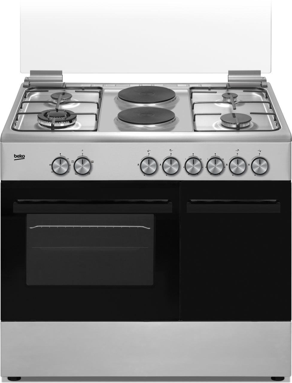 Beko 90cm Cooker BGES901; 4 Gas Burners, 2 Electric Plates, Electric Oven with Fan, Gas Cylinder Compartment, Rotisserie, Cast Iron Pan Supports, Double Glass Door, Stainless Steel Finish