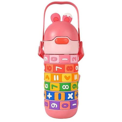 430ml Kids Rabbit Water Bottle Cup Tumbler With Silicone Straw, Funny Rotatable Numbers Portable Stainless Steel Insulated Flask Water Bottle Leakproof Kid’s Tumbler with Handle and Adjustable Strap a