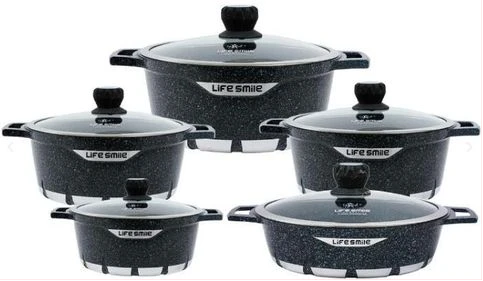 Life Smile 10PC Granite Coated Non-Stick Serving Dishes Saucepans Cookware - Multi-colours