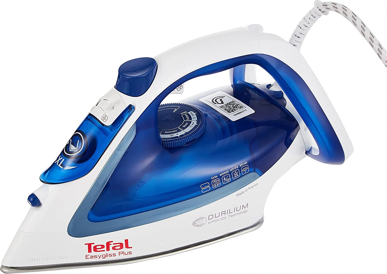 TEFAL Easygliss Durilium Airglide Soleplate Steam Iron, 2400 Watts, Blue/White, FV5715M0 - FRANCE