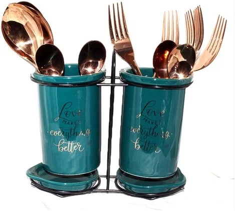 Ceramic Spoon Cutlery Utensil Holder Tube Rack - Green