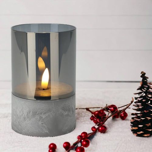 Glass Flameless Flickering Candles with Cement Concrete Base, Battery Operated LED Candles with Timer, Marbled Home Decoration- Multicolor