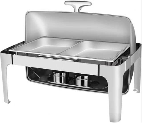 9L Double Rectangular Roll Top Chafing Dish Glass Lid Buffet Food Warmers - Silver