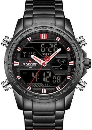 Naviforce NF9138S Men's Stainless Steel Quartz Digital Sport Watch - Black