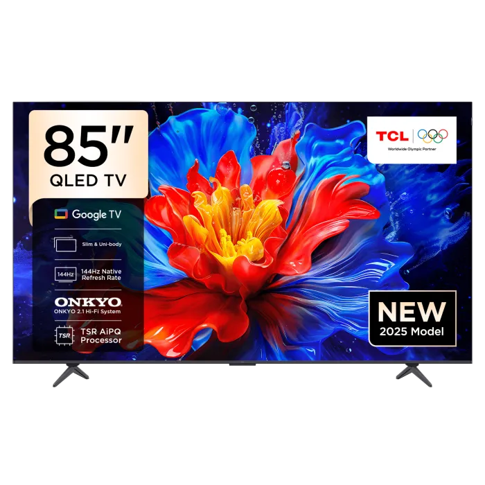 TCL 85 Inch 4K QLED HDR Smart Google TV, 85P8K, (2025 Model), 450 Nits, ONKYO 2.1ch, 144Hz , Ultra-slim Design -2 Year Warranty - Black