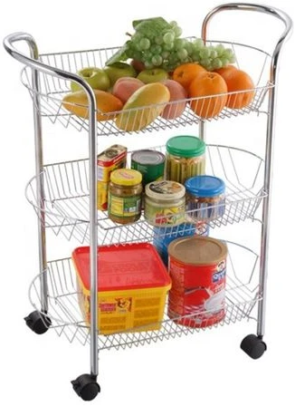 3 Tier Metal Kitchen Organizer Trolley Storage Rack With Wheels, Silver