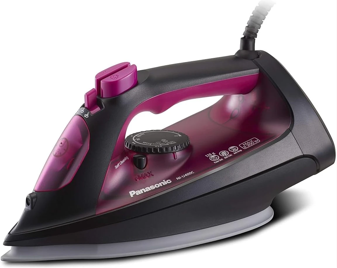 Panasonic Steam Iron, 2300W, Ni-U400, Big Ceramic Soleplate, Anti Calc Self Cleaning + Spray+ Vertical 120g Power Shot Steam - Pink