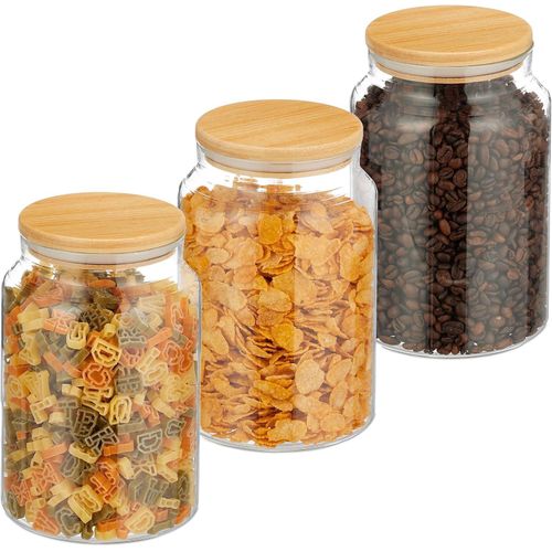 Storage Jars with Bamboo Lids, Set of 3, Round Glass Storage Jars Canisters, Airtight, Transparent Containers