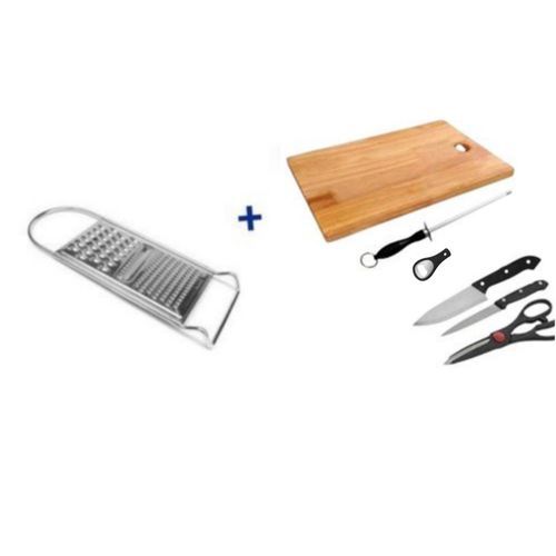 6Pc Kitchen Knife Set With Wooden Chopping Board + A Grater- Silver, Black