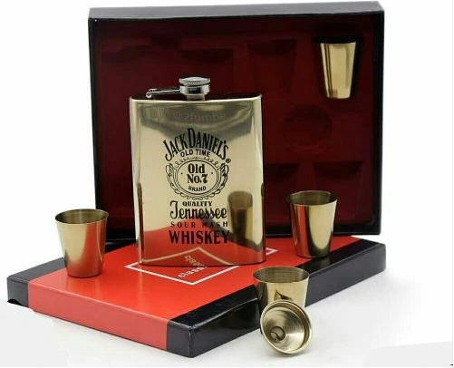 7oz Whisky Hip Flask Bottle With 4 Shot Cup Gift Set - Gold