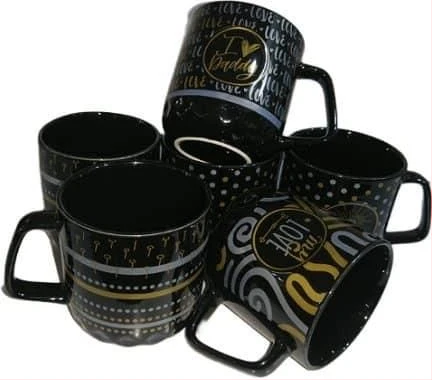 6 Pieces Of Silver And Gold Printed Coffee Tea Cups Mugs- Black