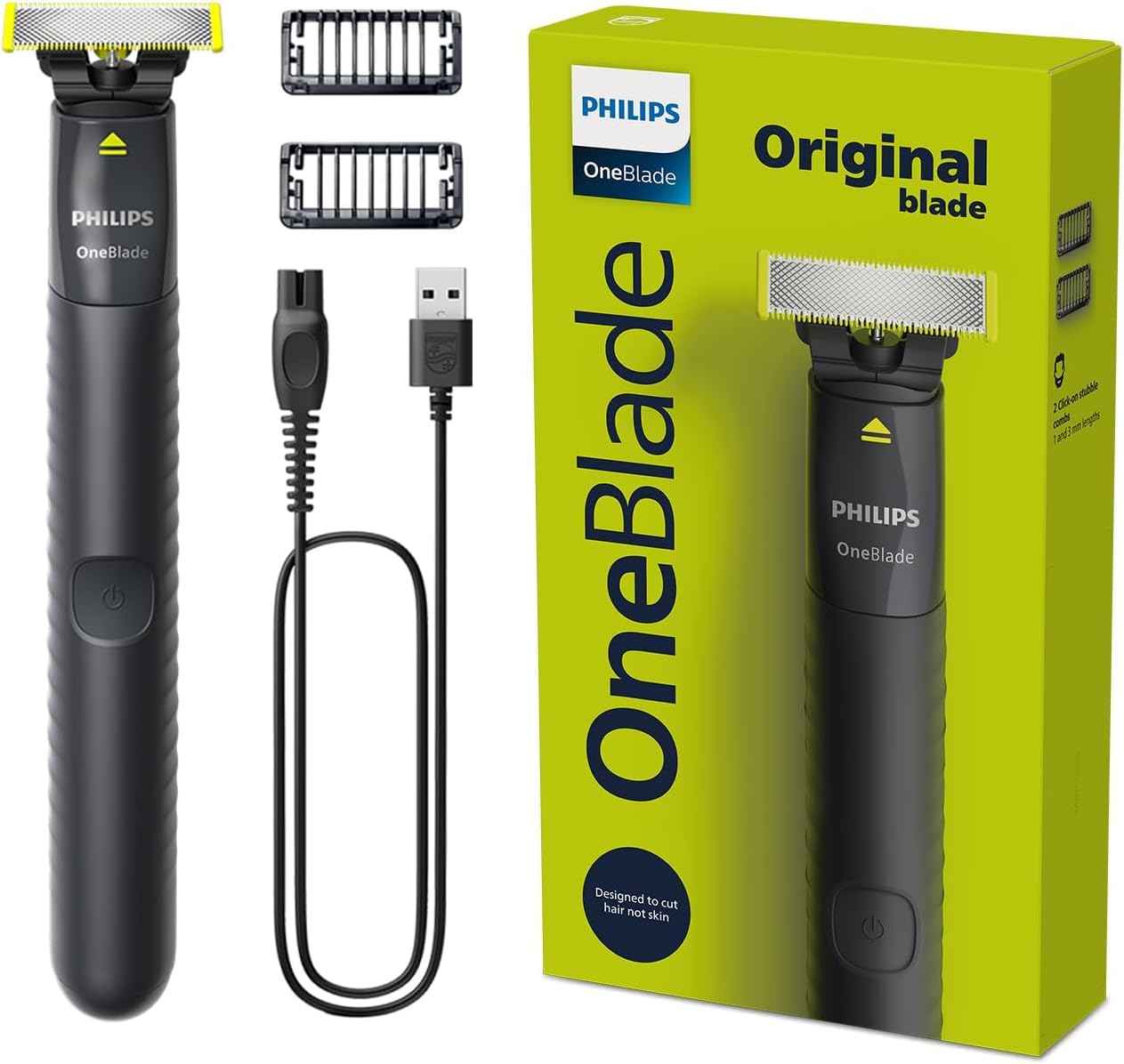 Philips OneBlade QP1424/10,Trim, Edge & Shave Any Length,2 Stubble Combs, Dual-Sided Blade,Wet & Dry Use, 30min Cordless Black & Lime 0.15grams