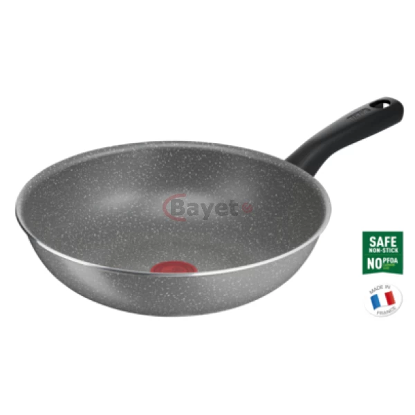 TEFAL Cook Natural 28 cm Non-Stick Aluminium Granite Wok Pan With Thermo Spot B5791942 – Grey