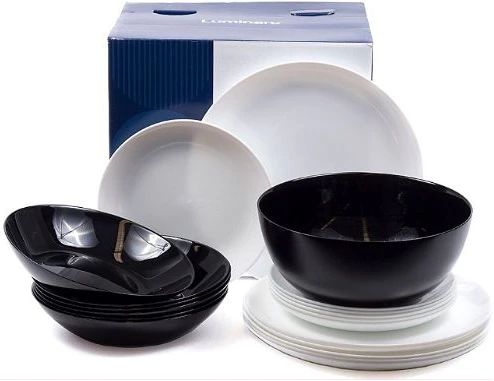 Luminarc 19 Piece Plates, Side Plates And Bowls Dinner Set, Light Black, white