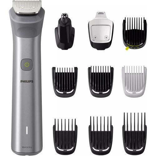 All-in-One Trimmer 5000 Series 10-in-1 Face, Hair & Body Trimmer All-Over Stainless Steel Grooming Set One Blade for Precision Styling 120min Cordless Use, Showerproof Travel Pouch Precise trim, Sharp