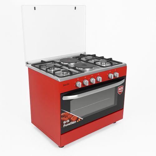 Saachi Cooker 90x60cm, 4 Gas Burners + 2 Electric Plates, Electric Oven & Grill, Oven Fan, Rotisserie, Automatic Ignition NL-GAS-6364RD - Red & Silver