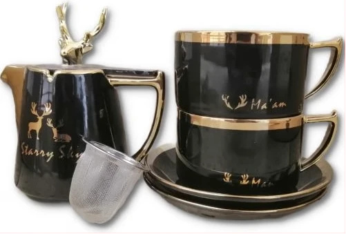 Breakfast Tea Pot & 2 Cup Saucers Gift Set, 2pcs -Black