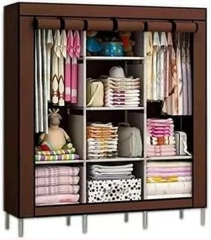 3 Column Cloth & Frame Portable Wardrobe - Brown