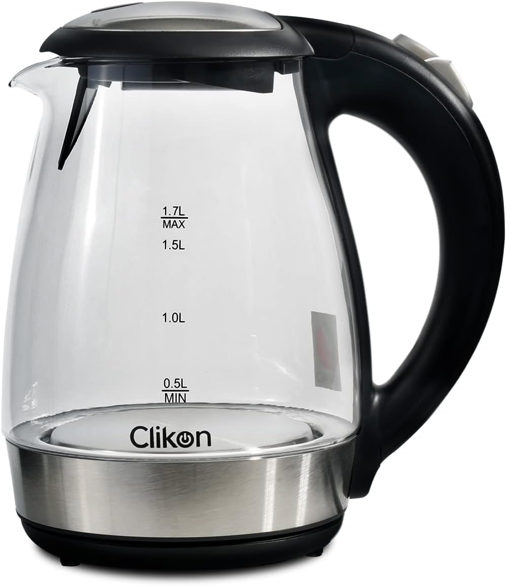 Clikon 1.7 Litre Glass Body Electric Cordless Kettle with 360° Swivel Base, Power Cord Storage, Auto Cut-off Function, Boil Dry Protection, LED Indicator, 2200 Watts, 2 Years Warranty, Black - CK5128
