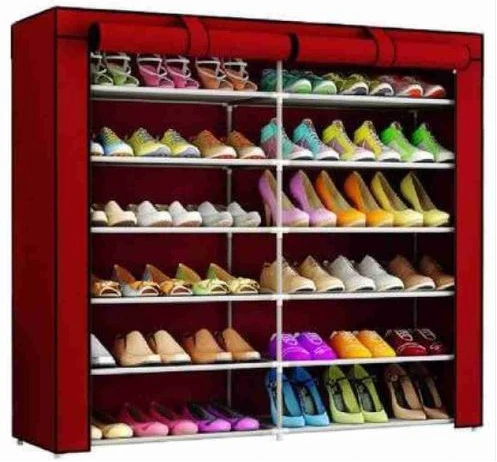 12 Layer Foldable Collapsible Shoe Rack Storage Organizer, 36 Pairs Portable Double Row Shoe Rack Shelf Cabinet For Closet- Red